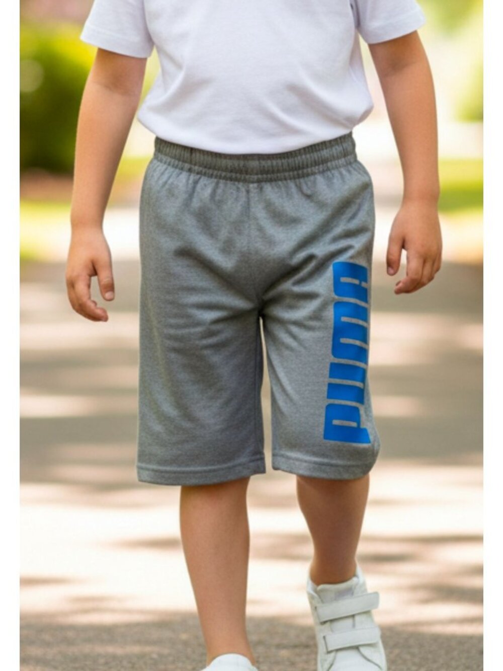 Puma Boys Gray Shorts With Blue Logo Print Elastic Waistband Size 5